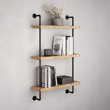 Полки из натурального дерева в стиле Лофт Larvij, 750x1185x220 мм, черный / дуб, PIPE25BL_NOK